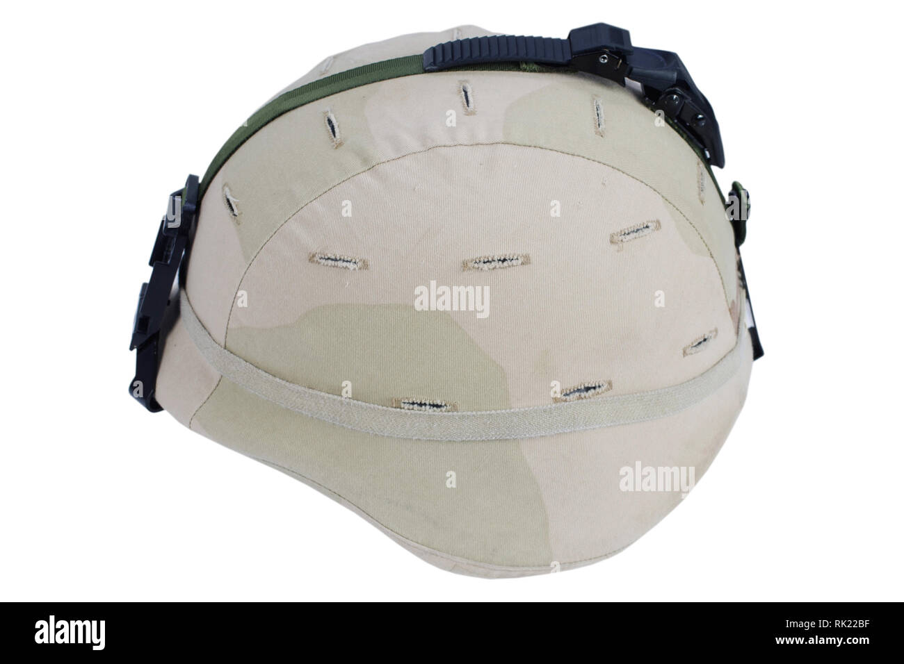 US army kevlar helmet with NVG mount and camouflage cover isolated on