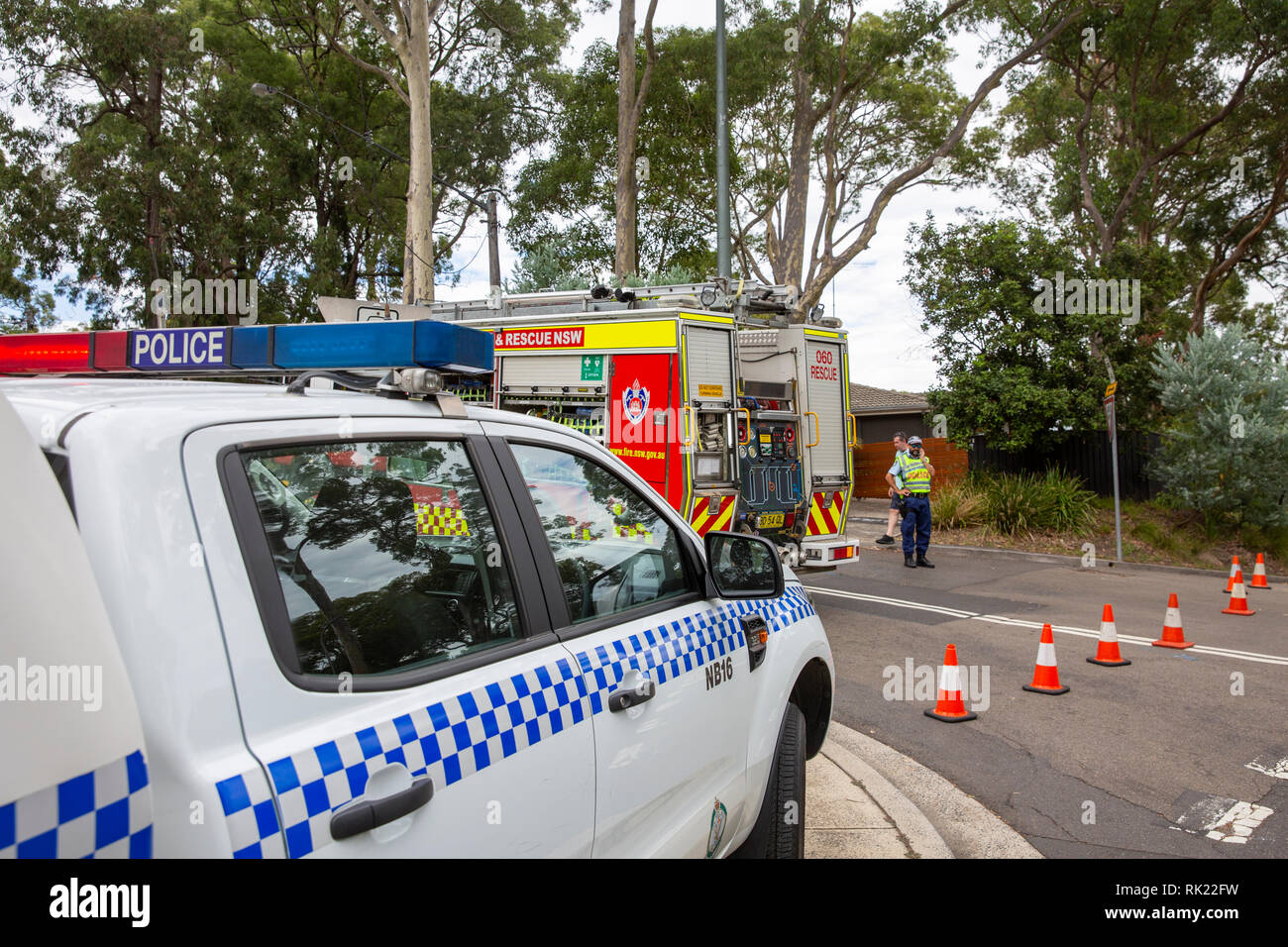 New South Wales police and fire brigade attend to a fallen tree in Sydney,Australia Stock Photo