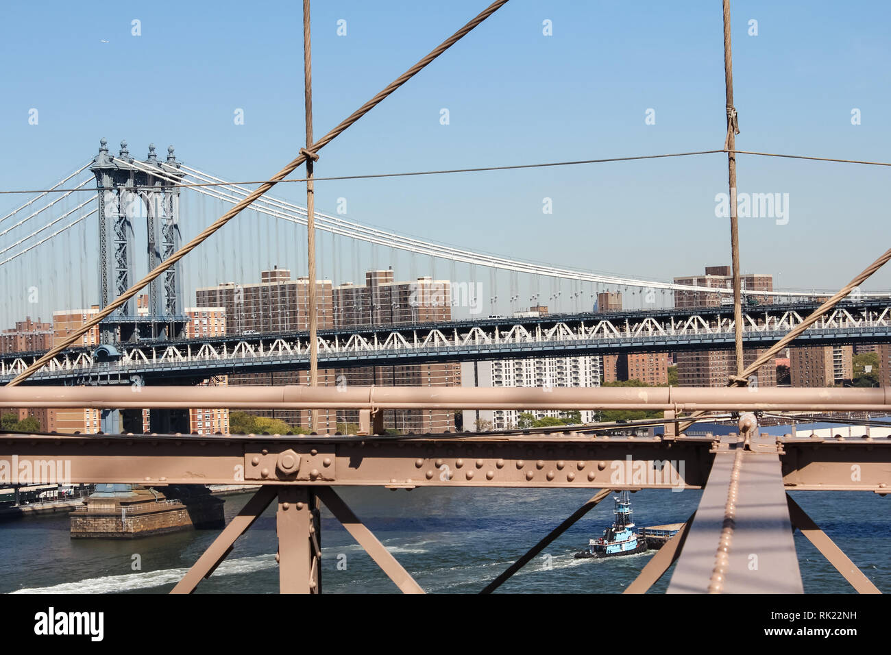 New York, USA - August 12, 2016: Brooklyn Bridge in New York. Sights, buildings and streets of New York. Stock Photo