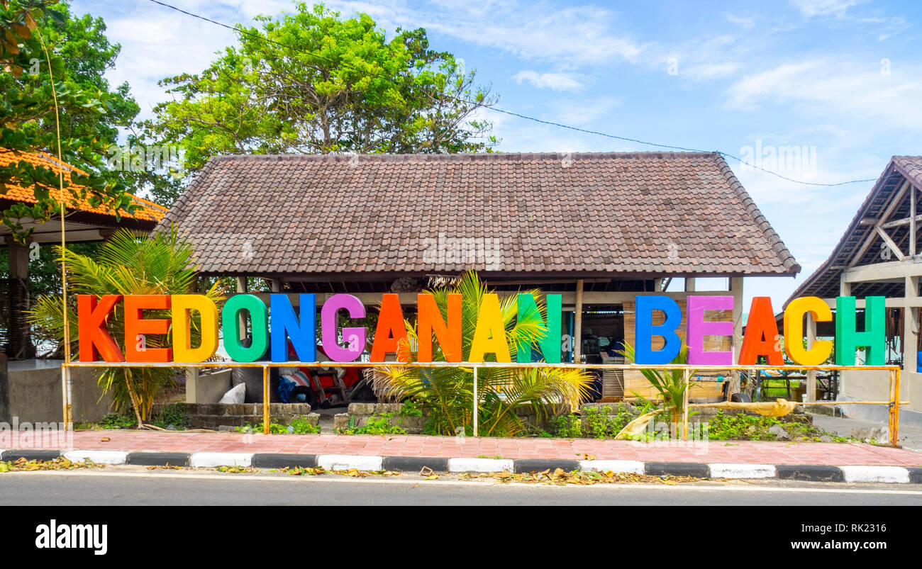 large colourful letters spelling Kedonganan Beach in Jimbaran Bay, Bali Indonesia. Stock Photo
