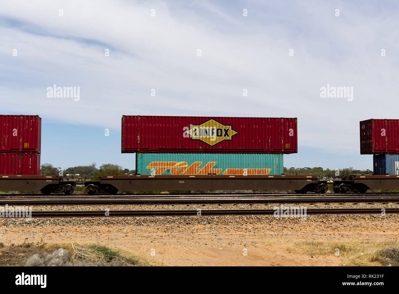 Double stacked shipping containers on a freight train at Port Augusta