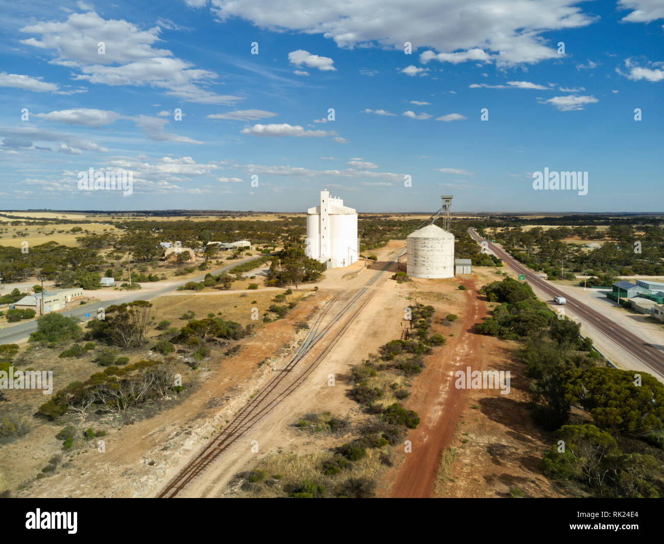 Aerial of grain storage silos on the railway line at Kyancutta Eyre