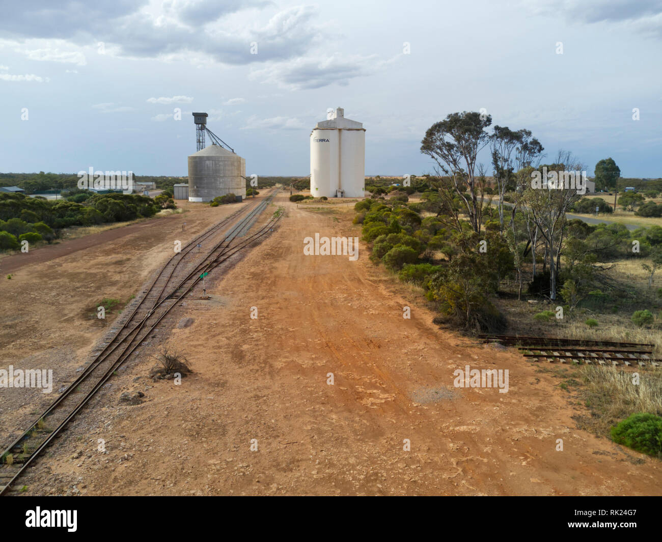 Aerial of grain storage silos on the railway line at Kyancutta Eyre