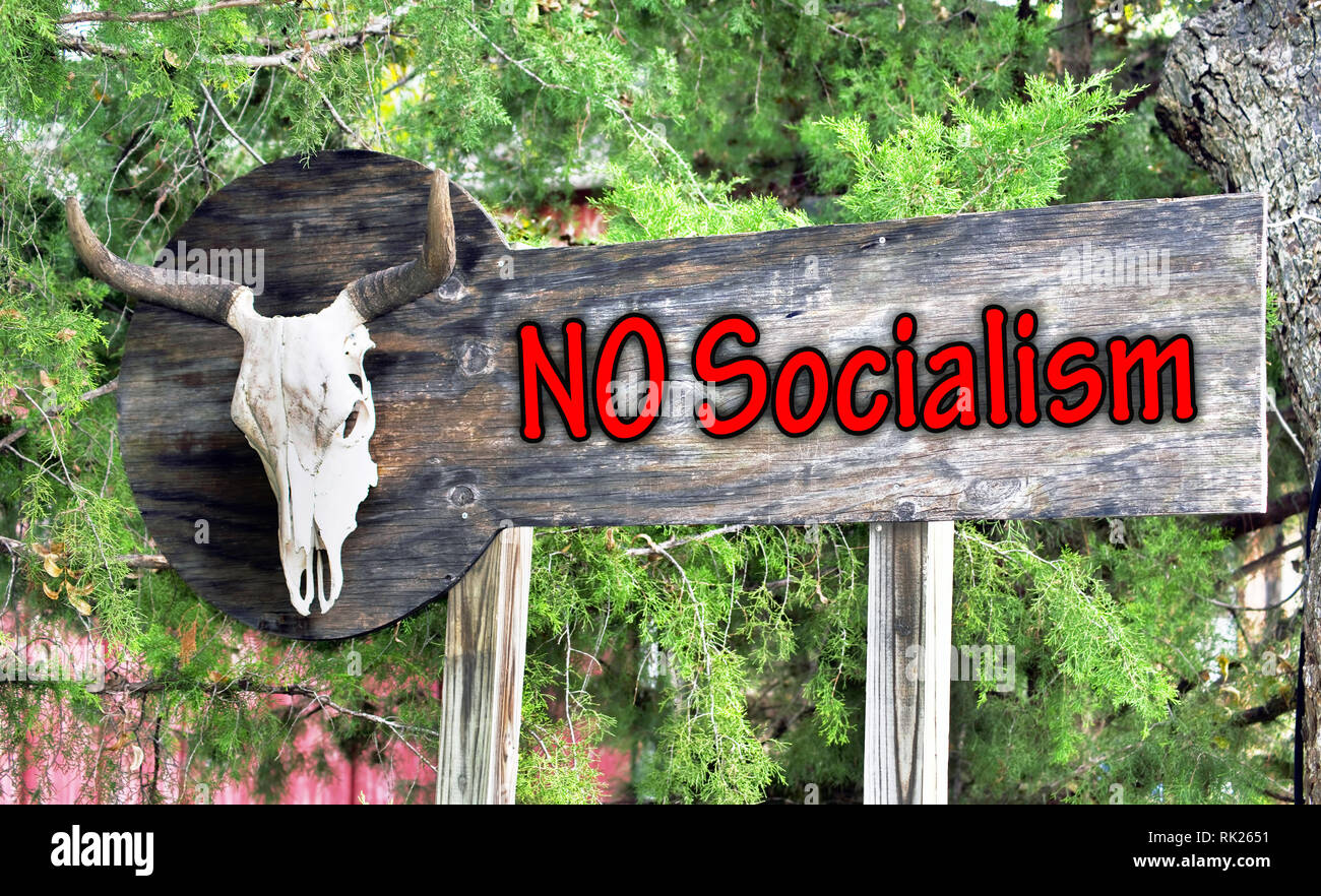 No Socialism sign on old board with cow skull. Stock Photo