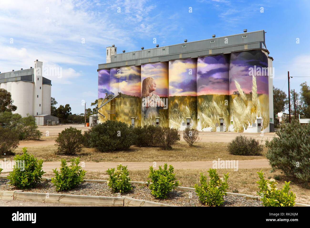 Silo Art mural painted onto the side of grain silo's at Kimba Eyre Peninsula South Australia Stock Photo