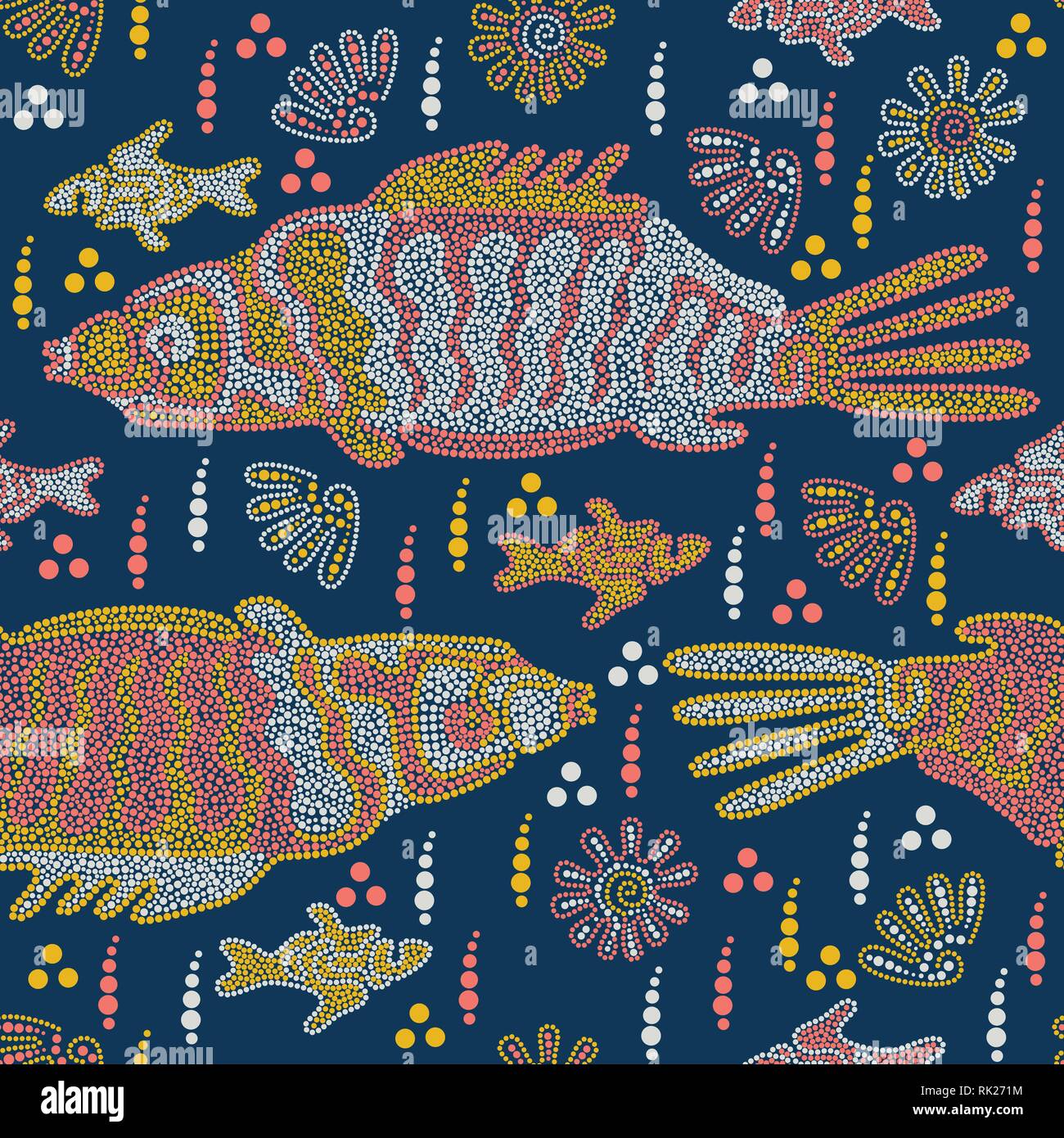 Fish and shells swim in the river. Australian Aboriginal art. Point Art. Seamless pattern. Vector illustration. Dark version Stock Vector