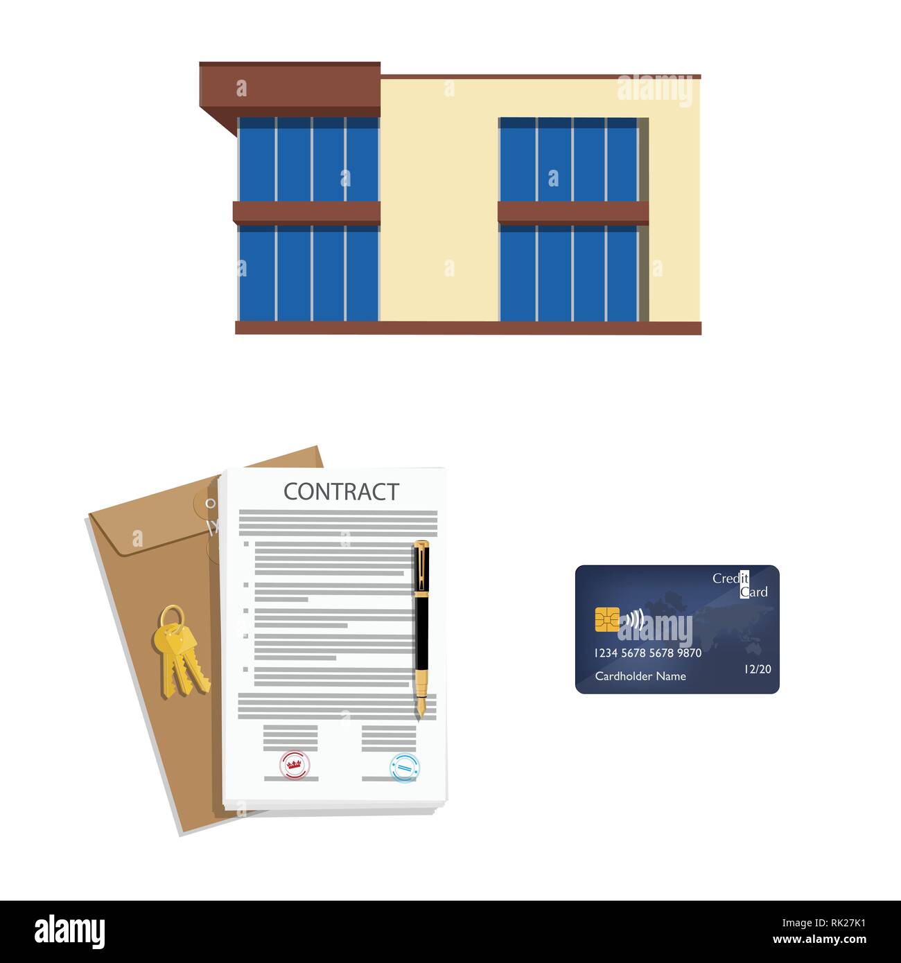 Mortgage loan application, contract with house key, credit card and