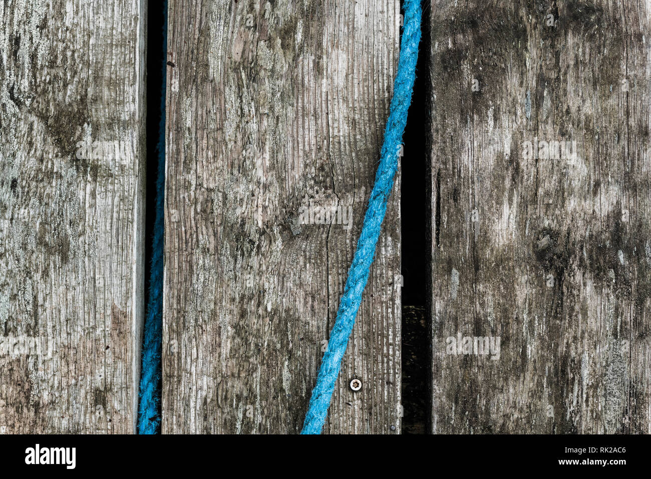 Weathered upright wooden panelling with blue rope, full frame, close up Stock Photo