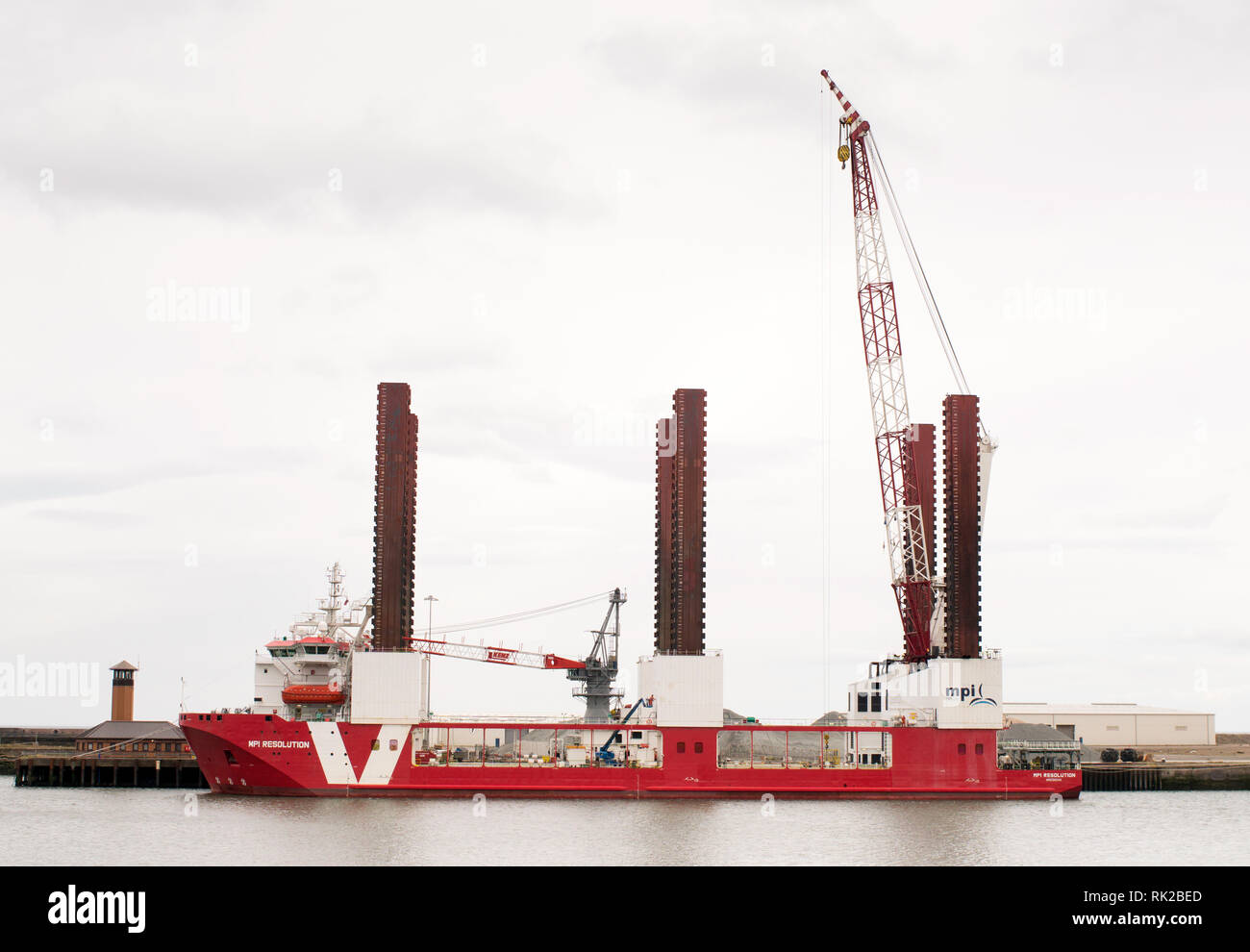 Wind turbine installation vessel (WTIV)  MPI Resolution docked within the Port of Sunderland north east England UK Stock Photo
