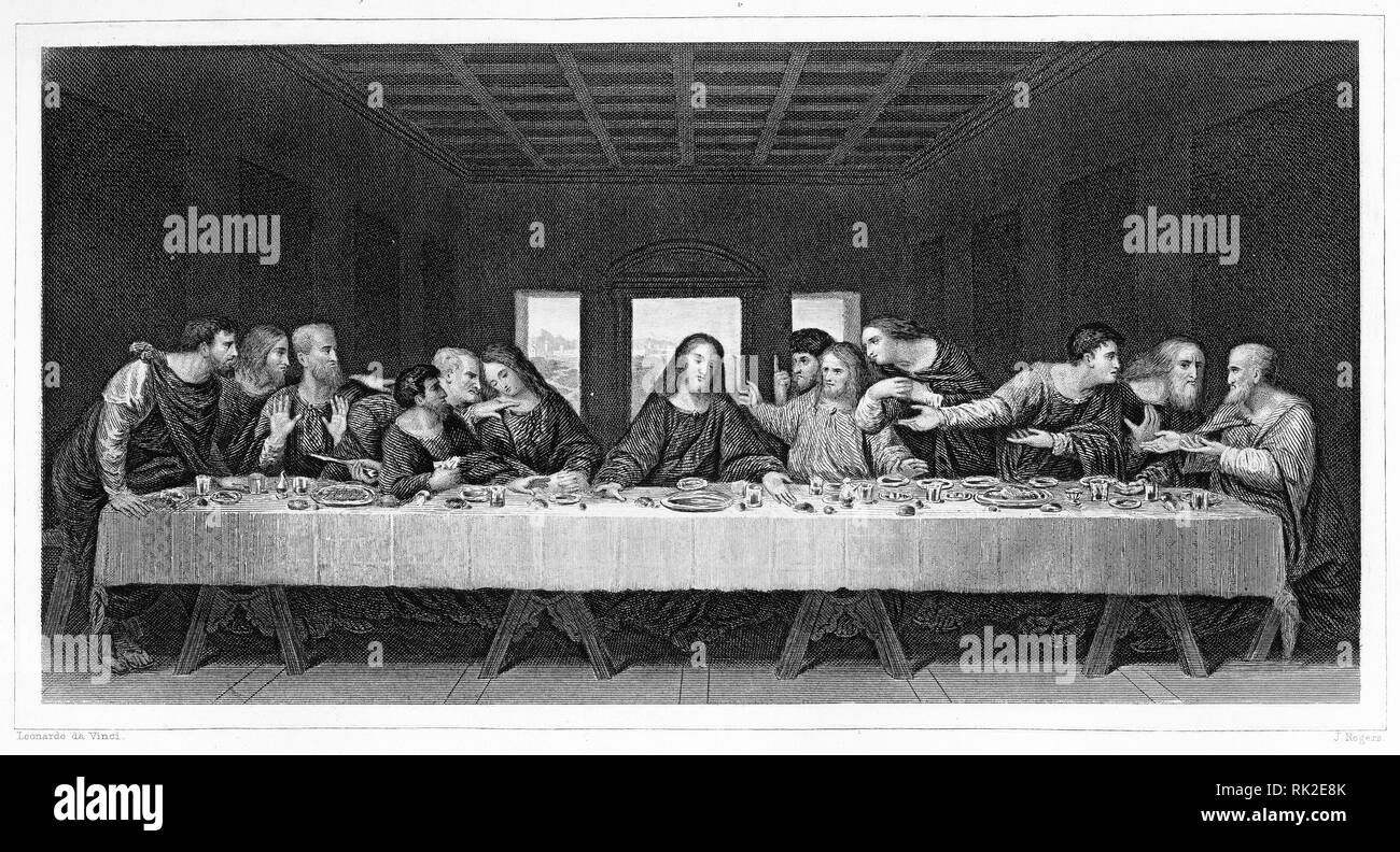 Engraving of da Vinci's painting The Last Supper. From The Self-Interpeting Bible, perhaps the 1843 edition. Stock Photo