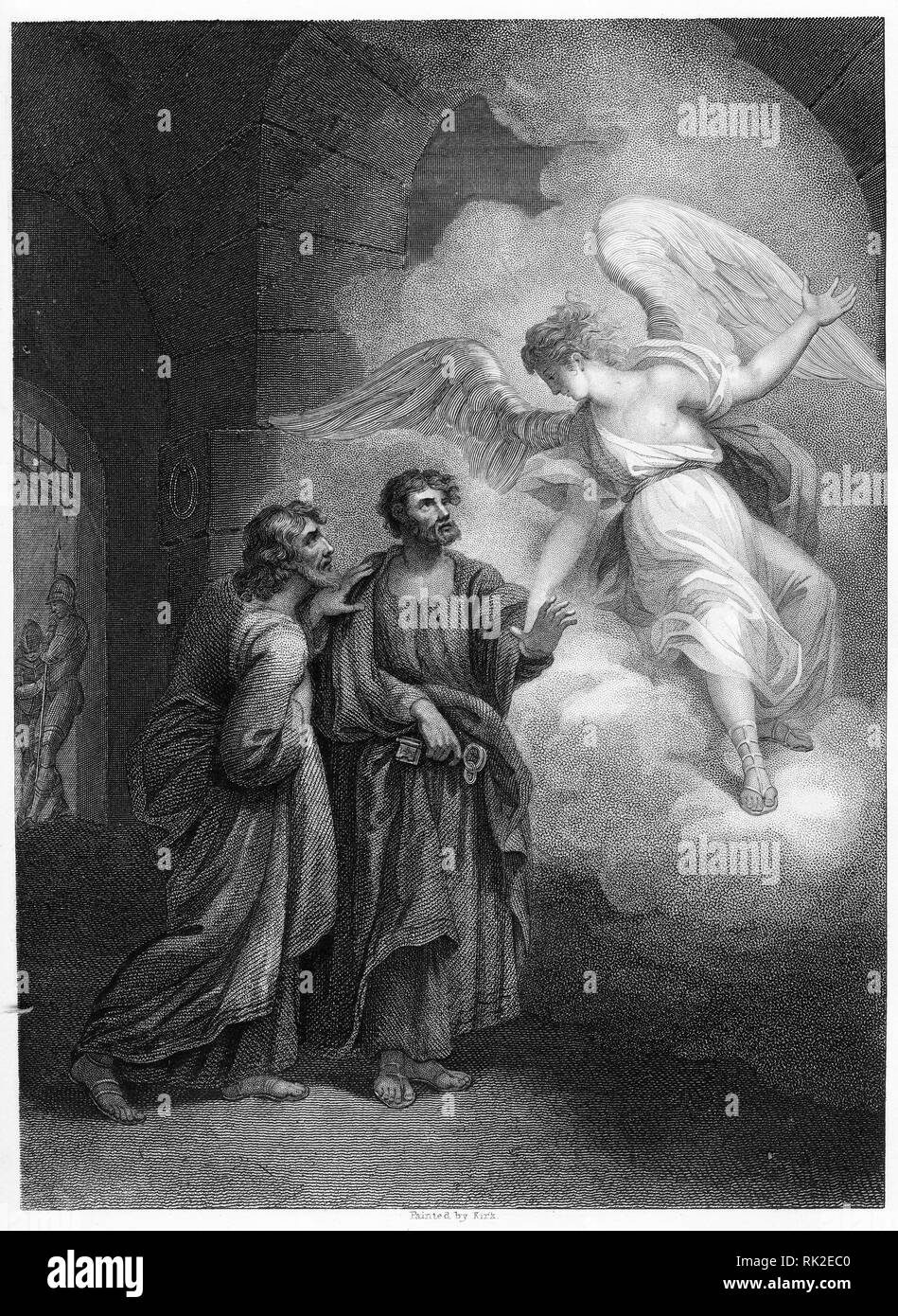 Engraving of an angel freeing the apostles. From The Self-Interpeting Bible, perhaps the 1843 edition. Stock Photo