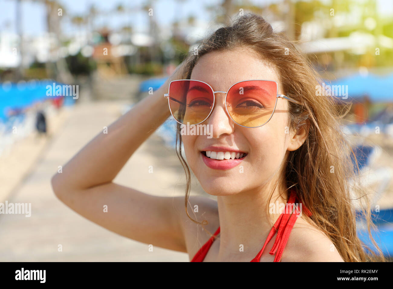 Close Up Image Of Happy Smiling Brunette Woman In Sunglasses And Bikini ...