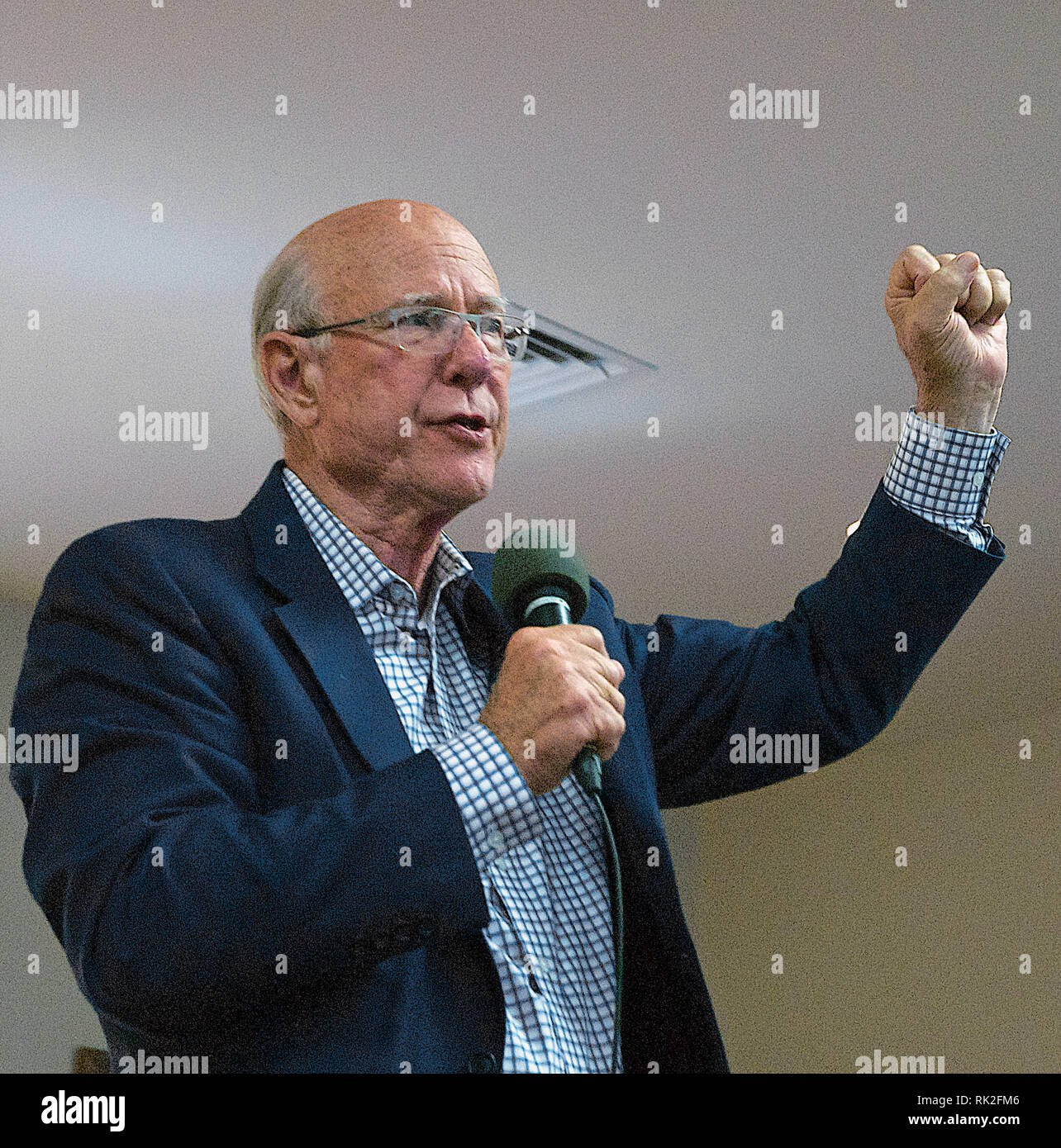 Greensburg, Kansas, USA,September 23, 2014 Senator Pat Roberts gestures during his speech to seniors at the Greensburg Senior Center that was rebuilt after an F5 tornado destroyed the entire town in may of 2007. The town Greensburg was destroyed by an F5 tornado in 2007 and now has been rebuilt with massive amount of help from FEMA. Stock Photo