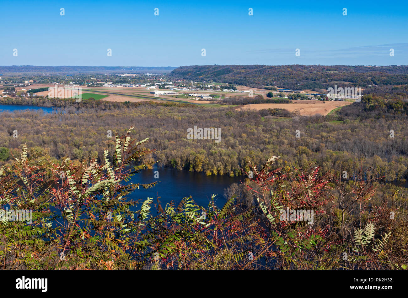 aerial from wyalusing state park bluffs of wisconsin river and prairie