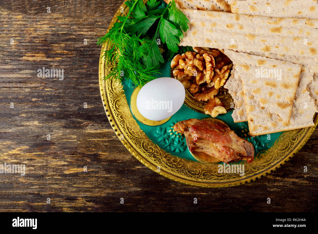 Pesah concept jewish Passover holiday. Traditional pesah seder plate