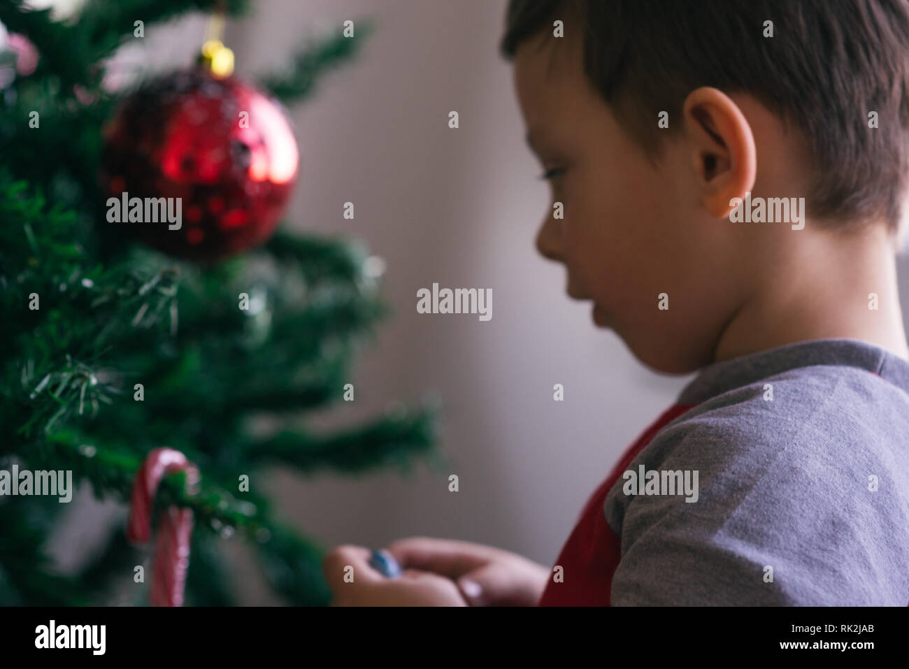 Cute kid is decorating his family Christmas tree while spreading the