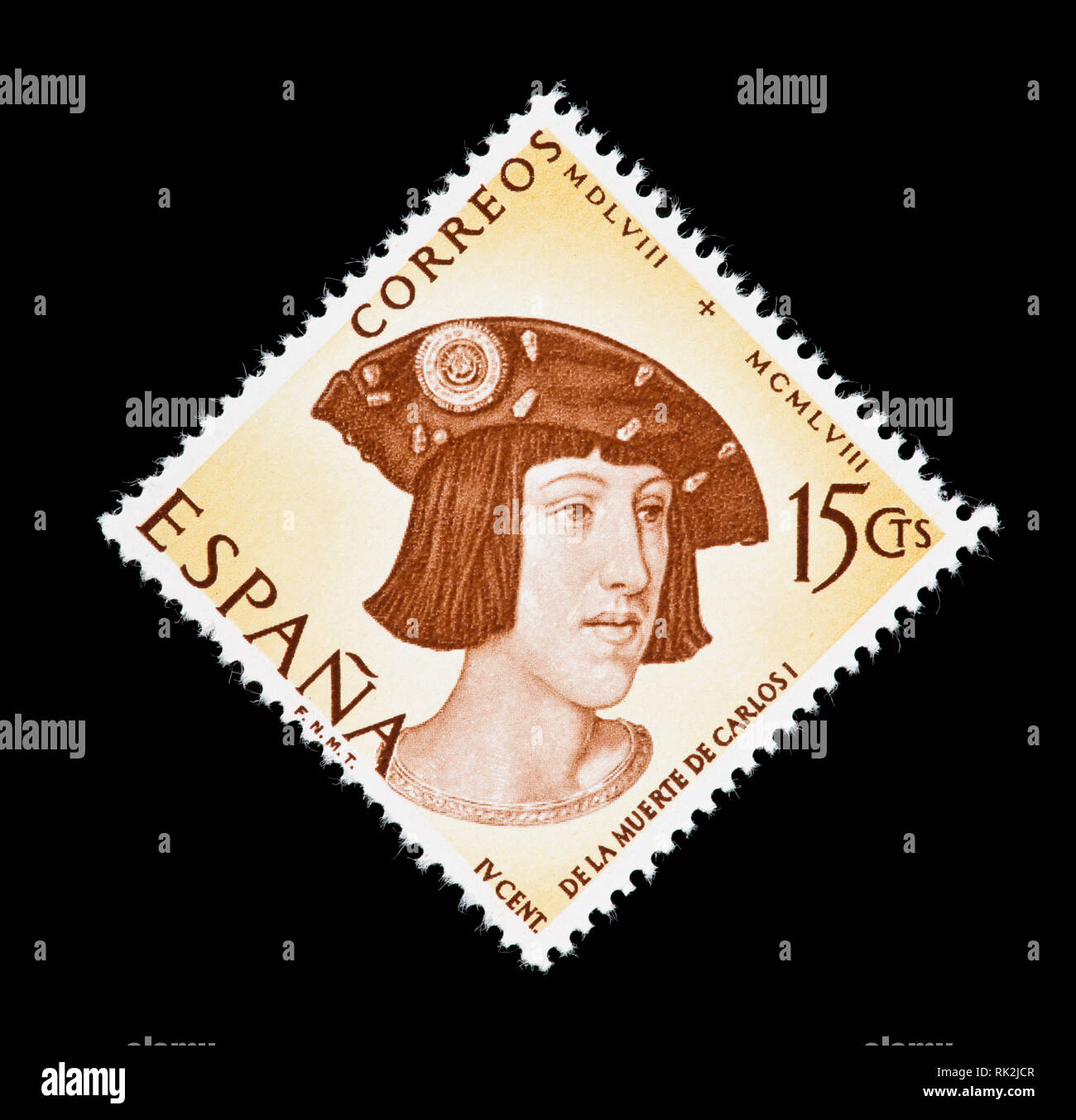 Postage stamp from Spain depicting Charles V on the 400th anniversary of his death. Stock Photo