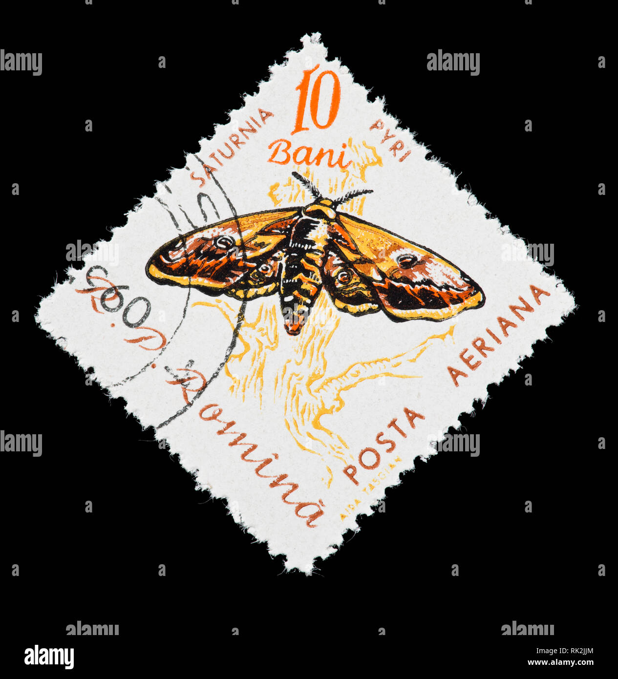 Postage stamp from Romania depicting a giant peacock moth (Saturnia pyri) Stock Photo
