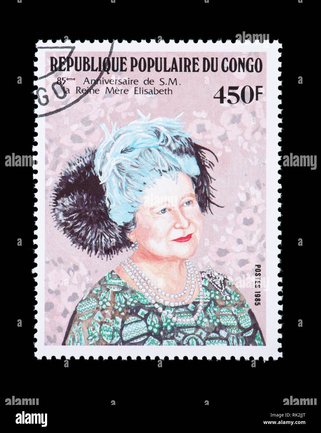 Postage stamp from COngo depicting the Queen MOther for her 85th birthday. Stock Photo