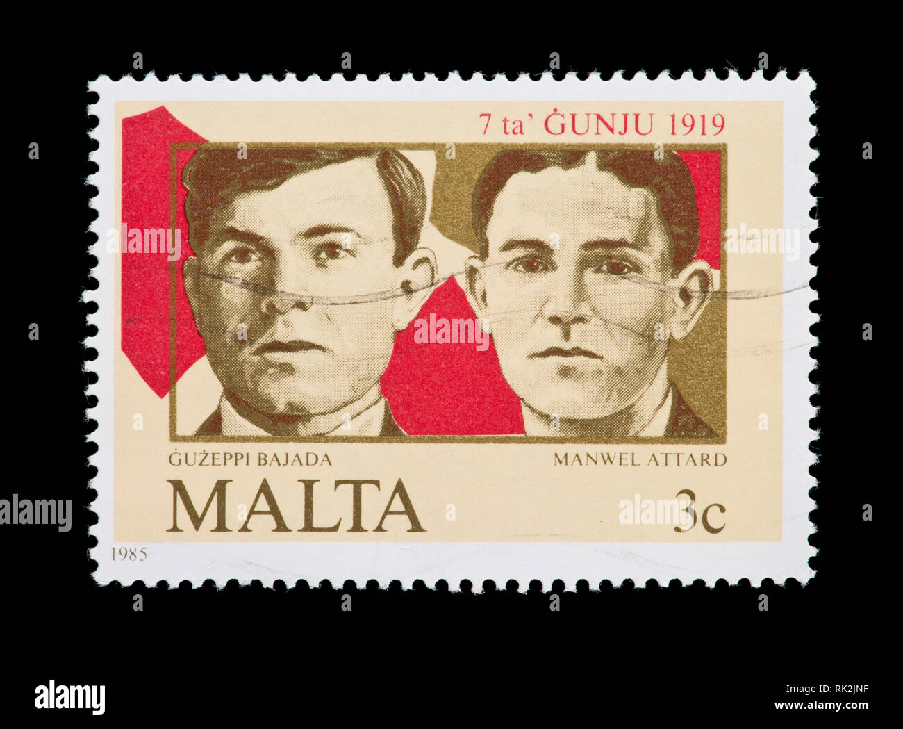 Postage stamp from Malta depicting Guzeppi Bajada and Manwel Attard, 66th anniversary of the June 7 uprising Stock Photo