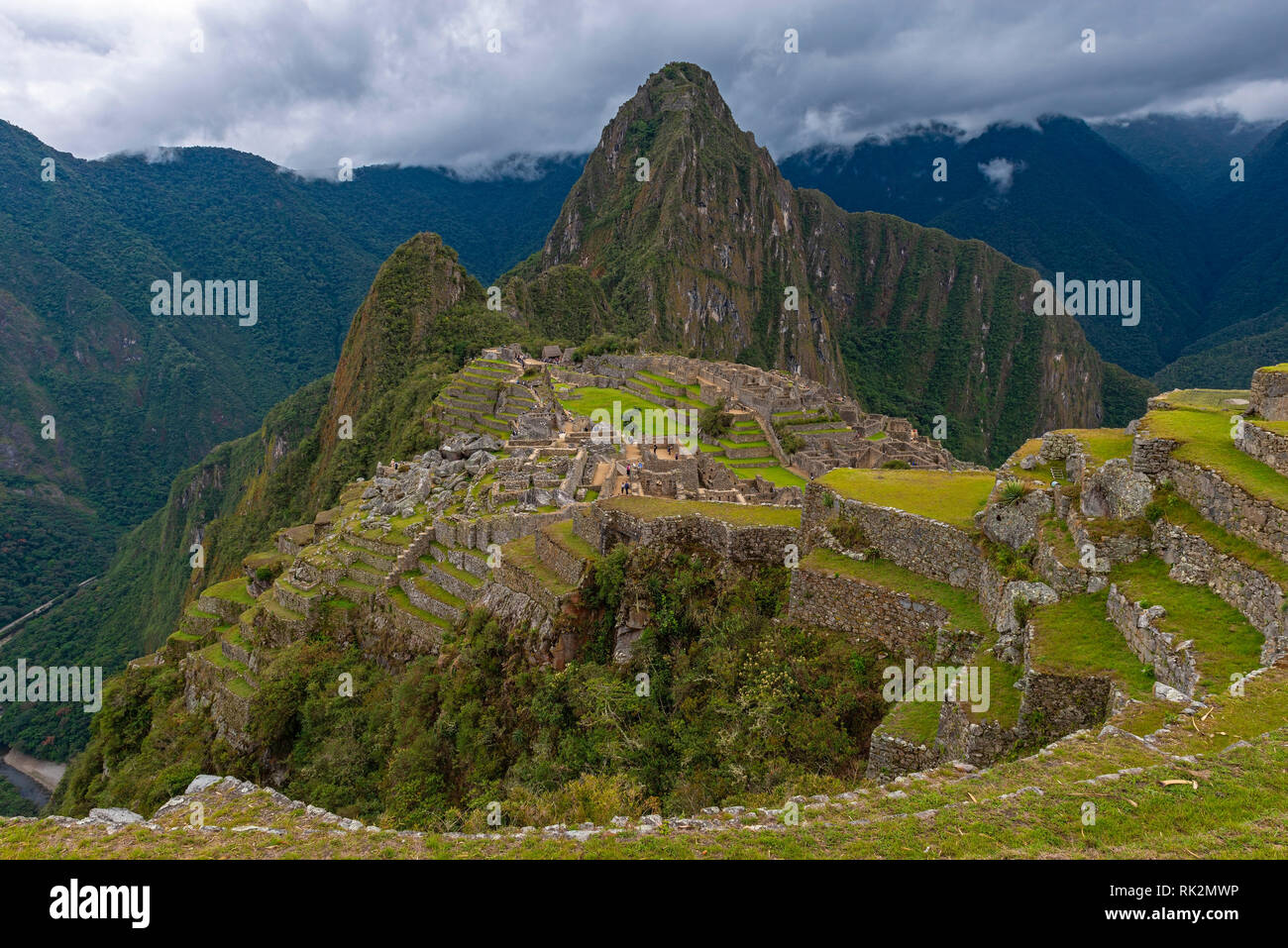 A dramatic sky above the Inca ruins of Machu Picchu, Cusco province, Peru. Stock Photo