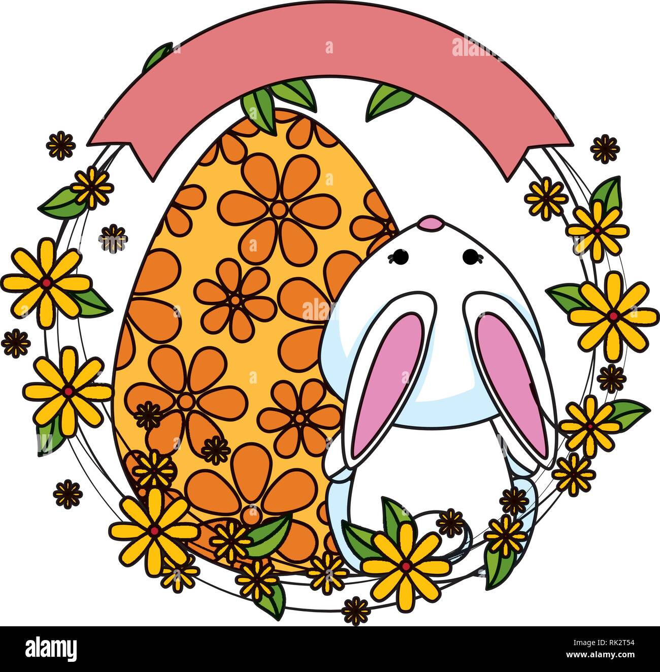 cute rabbit with easter egg painted and flowers Stock Vector Image ...