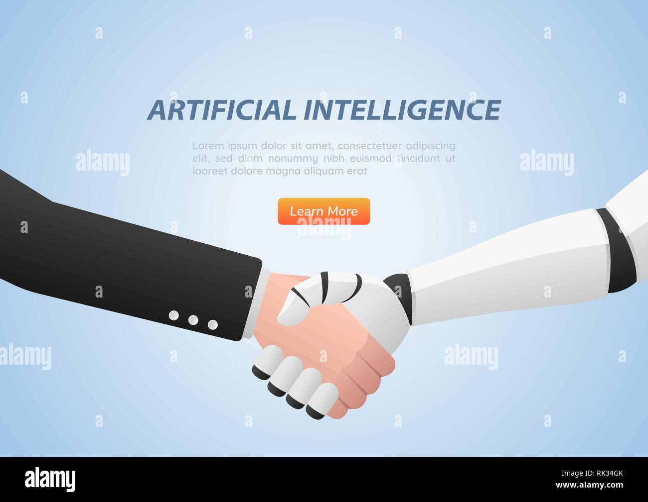 Businessman and robot shaking hands. Artificial intelligence and teamwork concept. Stock Vector