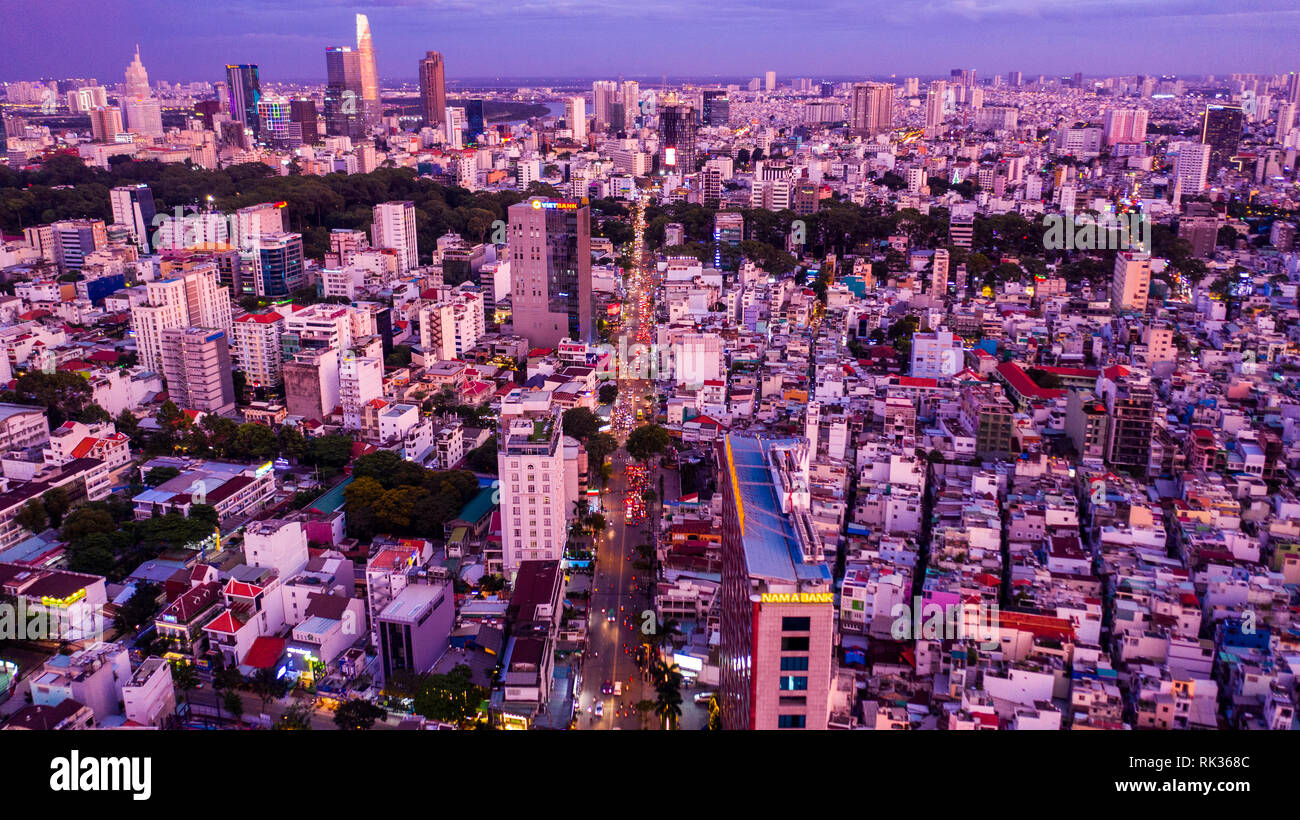 Aerial view of Ho Chi Minh City or Saigon at night, Vietnam Stock Photo