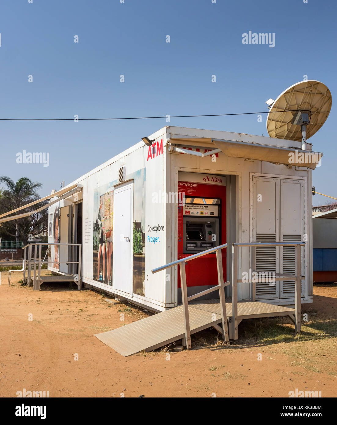 Pretoria, South Africa, 22 August - 2018: Shipping container converted into bank. Cash withdrawal machine can be seen on the side of container. Stock Photo