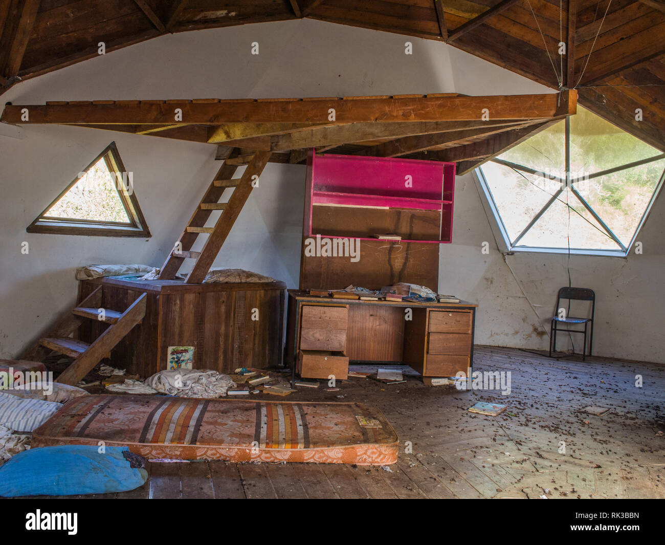 Interior of derelict community building, upstairs room, Ahu Ahu Ohu, Ahuahu Valley, Whanganui River, New Zealand Stock Photo