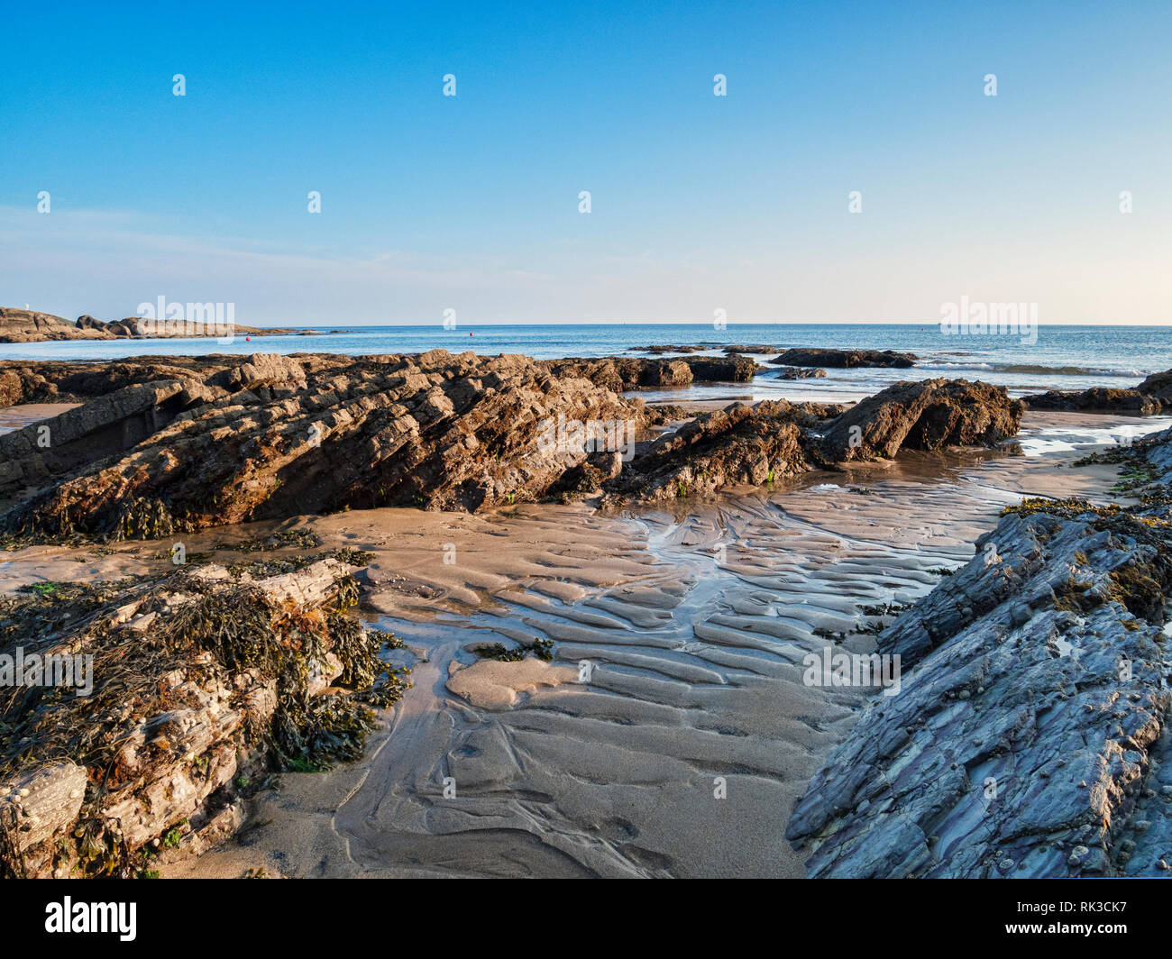 Bovisand Beach and Bay, Devon, UK, at low tide, with clear blue sky. Stock Photo