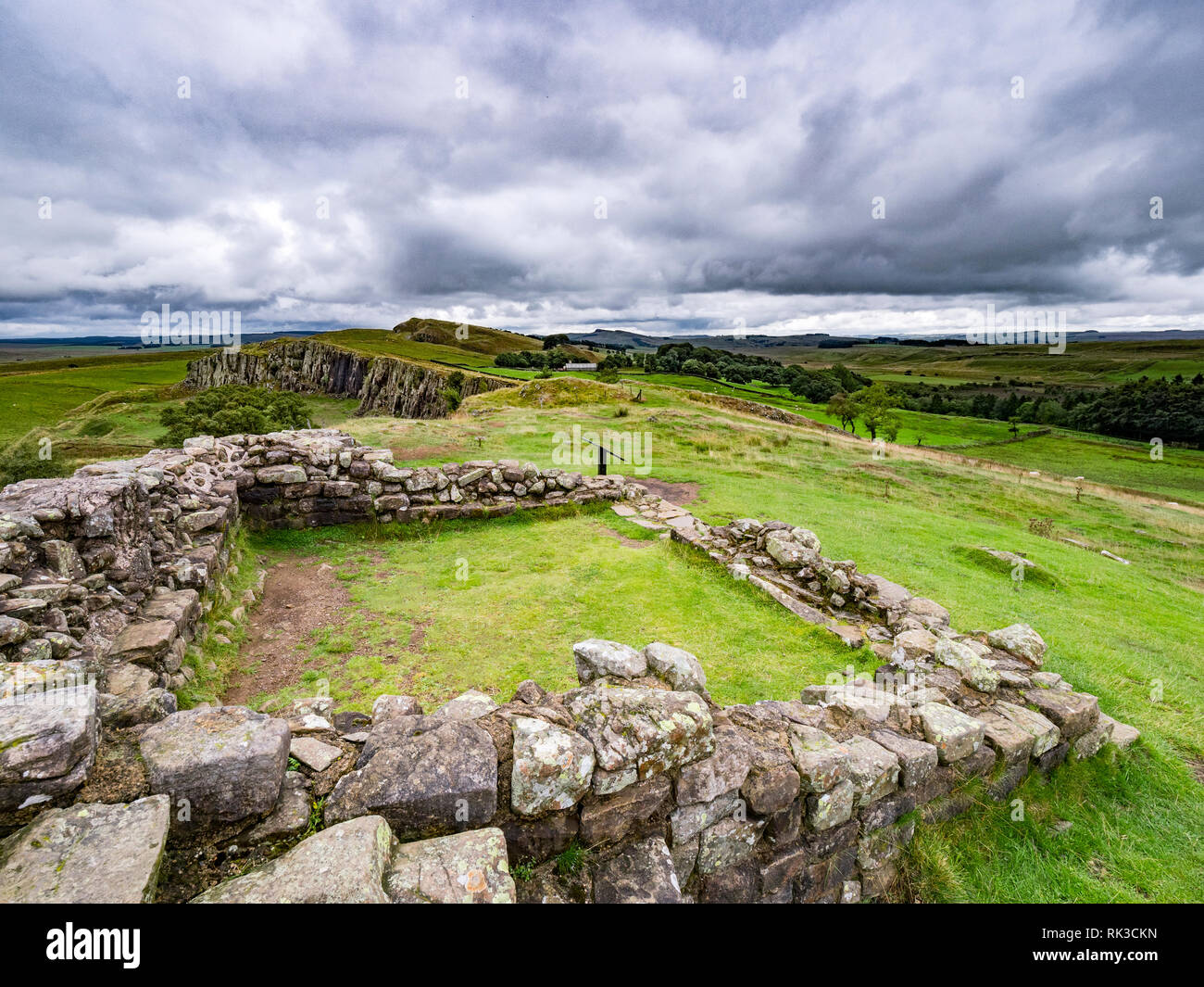 Hadrian's Wall in Northumberland, UK, from Turret 45A, Looking towards Walltown Crags. Stock Photo
