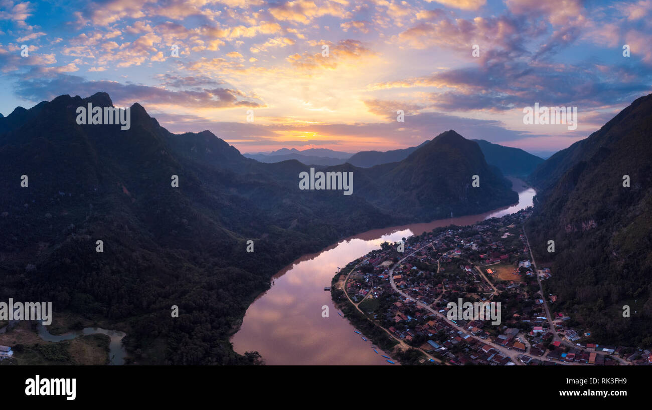Aerial Panoramic Nam Ou River Nong Khiaw Muang Ngoi Laos Sunset 