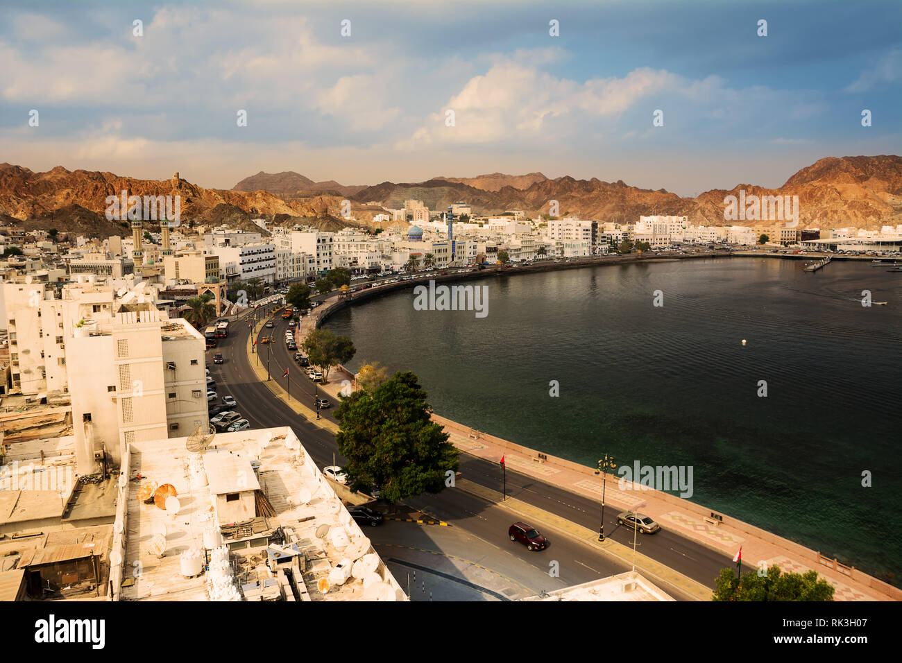 Mutrah waterfront street in Muscat at sunset and Corniche Stock Photo