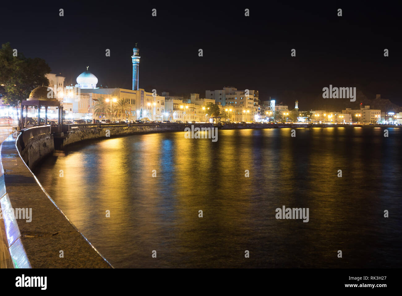 Waterfront at Mutrah of Muscat at night Stock Photo