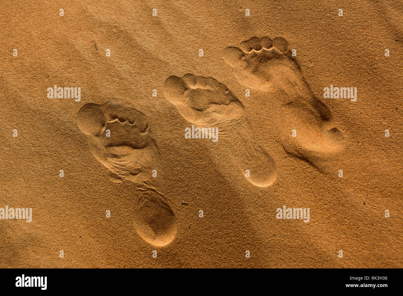 Three footprints of a family: mother, father and child Stock Photo