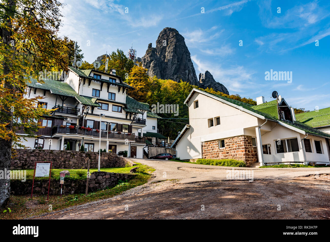 Babin zub (The Grandmather's tooth) Hotel on the most beautiful peak of  Old mountain. The impressive and  big striking rocks. Stock Photo