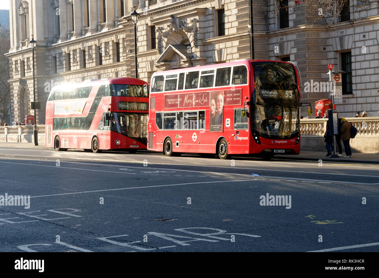 London busses at bus stop, London, United Kingdom. Stock Photo