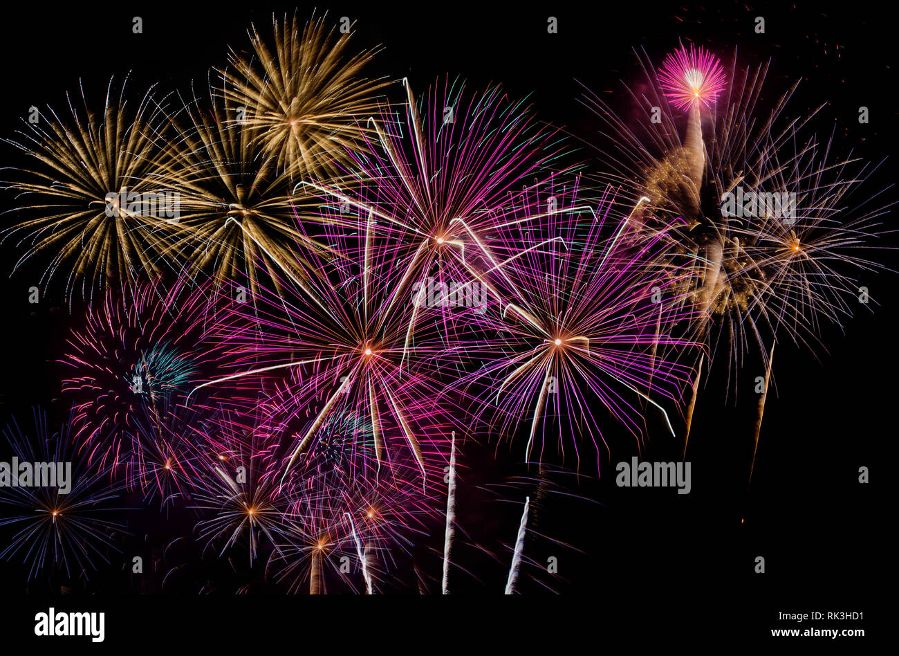 Fireworks Celebration at night on  New Year and copy space - abstract holiday background Stock Photo