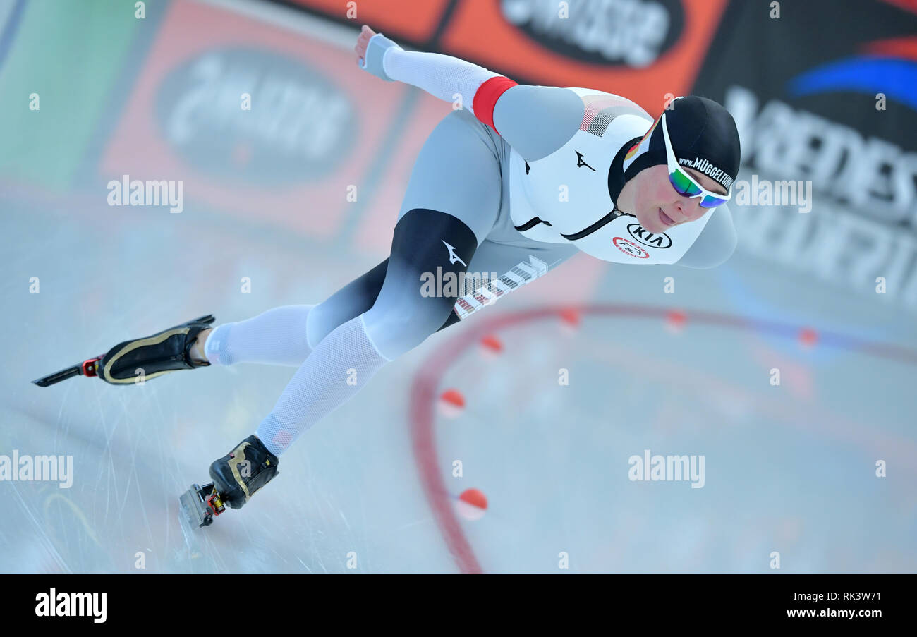 09 February 2019, Bavaria, Inzell: Speed skating WM, 5000 m, ladies, Claudia Pechstein from Germany in action. Photo: Peter Kneffel/dpa Stock Photo