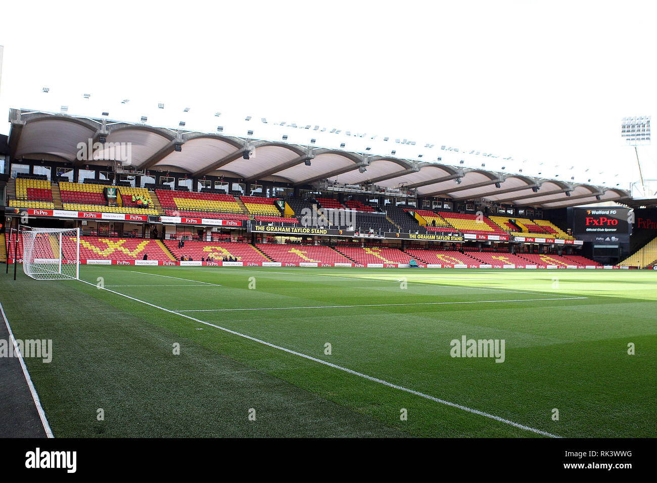 London, UK. 09th Feb, 2019. a General view inside the Vicarage road stadium prior to kick off. EPL Premier League match, Watford v Everton at Vicarage Road in London on Saturday 9th February 2019. this image may only be used for Editorial purposes. Editorial use only, license required for commercial use. No use in betting, games or a single club/league/player publications . pic by Steffan Bowen/ Credit: Andrew Orchard sports photography/Alamy Live News Stock Photo