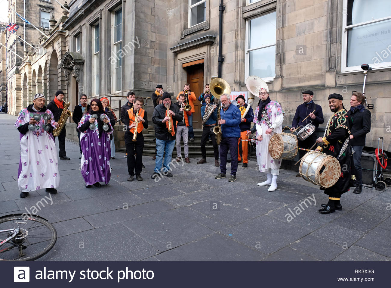 Edinburgh, United Kingdom. 9th February 2019. Thrill the City performing on the Royal Mile, Edinburgh Blues and Jazz Festival. From Thursday 7th February to Saturday 9th February, Thrill presents eleven concerts that highlight the best of the new Brussels jazz scene in some iconic Edinburgh venues: The Queen’s Hall, The Jazz Bar, St Brides Centre and on the High Street. Credit: Craig Brown/Alamy Live News Stock Photo