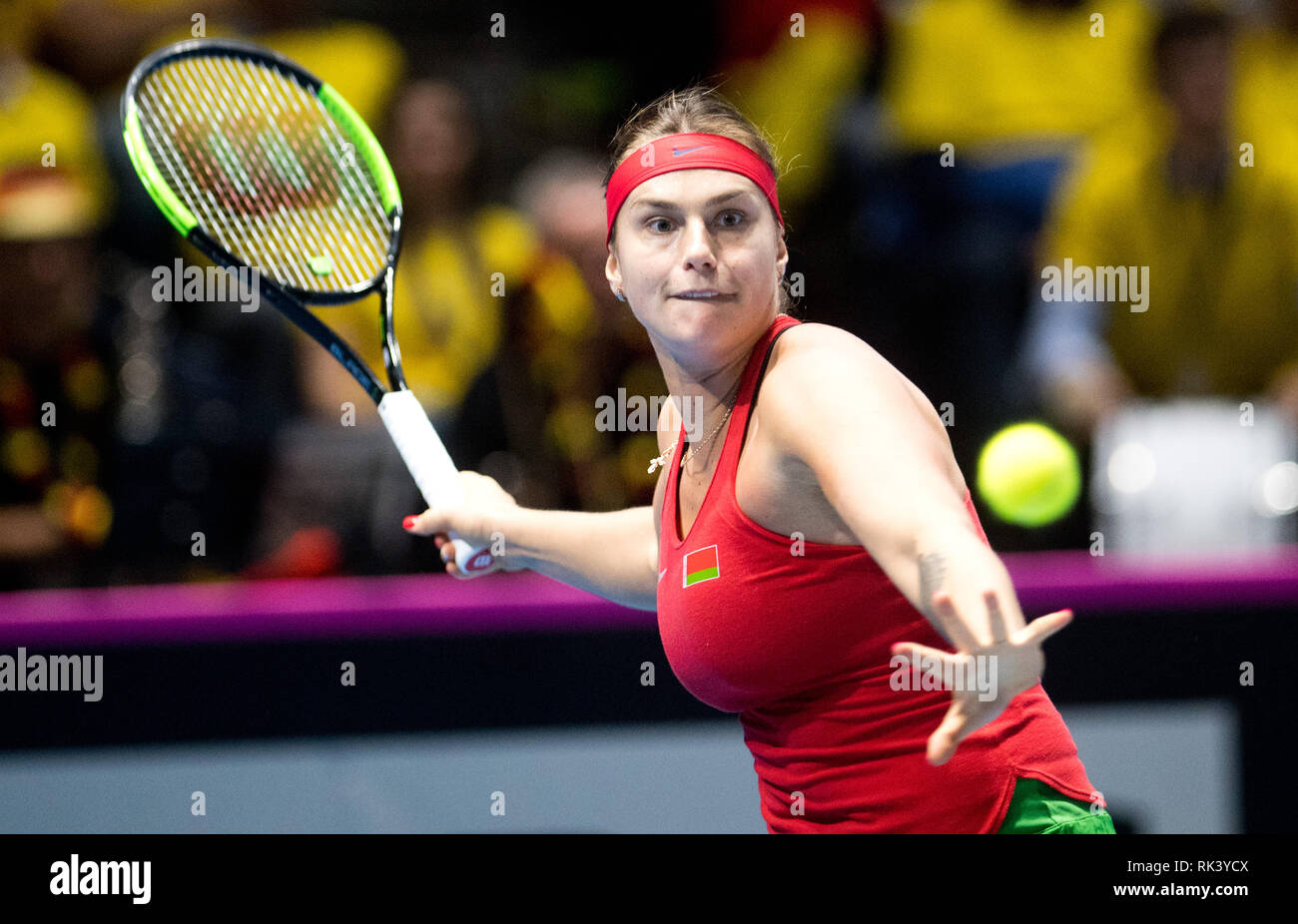 Braunschweig, Germany. 09th Feb, 2019. Tennis, ladies: Federation Cup -  World Group, Round 1, Germany - Belarus: Belarusian Aryna Sabalenka beats a  forehand in the singles against Germany's Petkovic. Credit: Julian  Stratenschulte/dpa/Alamy