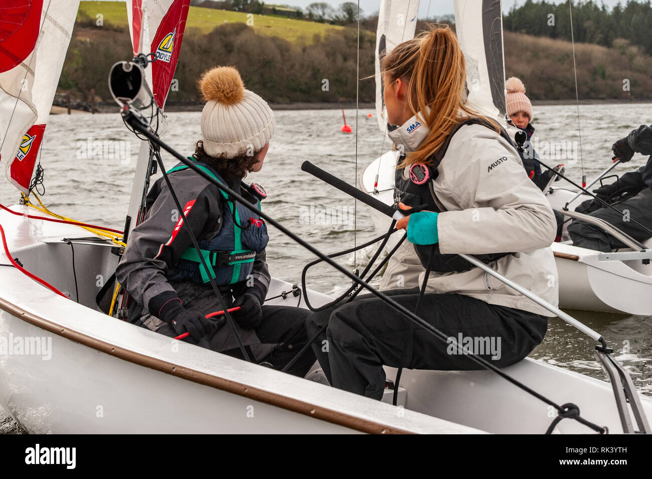 Bantry, West Cork, Ireland. 9th Feb, 2019. Bantry Sailing Club is hosting the Irish Universities Sailing Regatta, organised by UCC, this weekend when approx. 150 sailors from 8 universities around Ireland gather for racing and social events. The regatta consists of 80 races over the two days in 'Firefly' sailing dinghies. Credit: Andy Gibson/Alamy Live News. Stock Photo