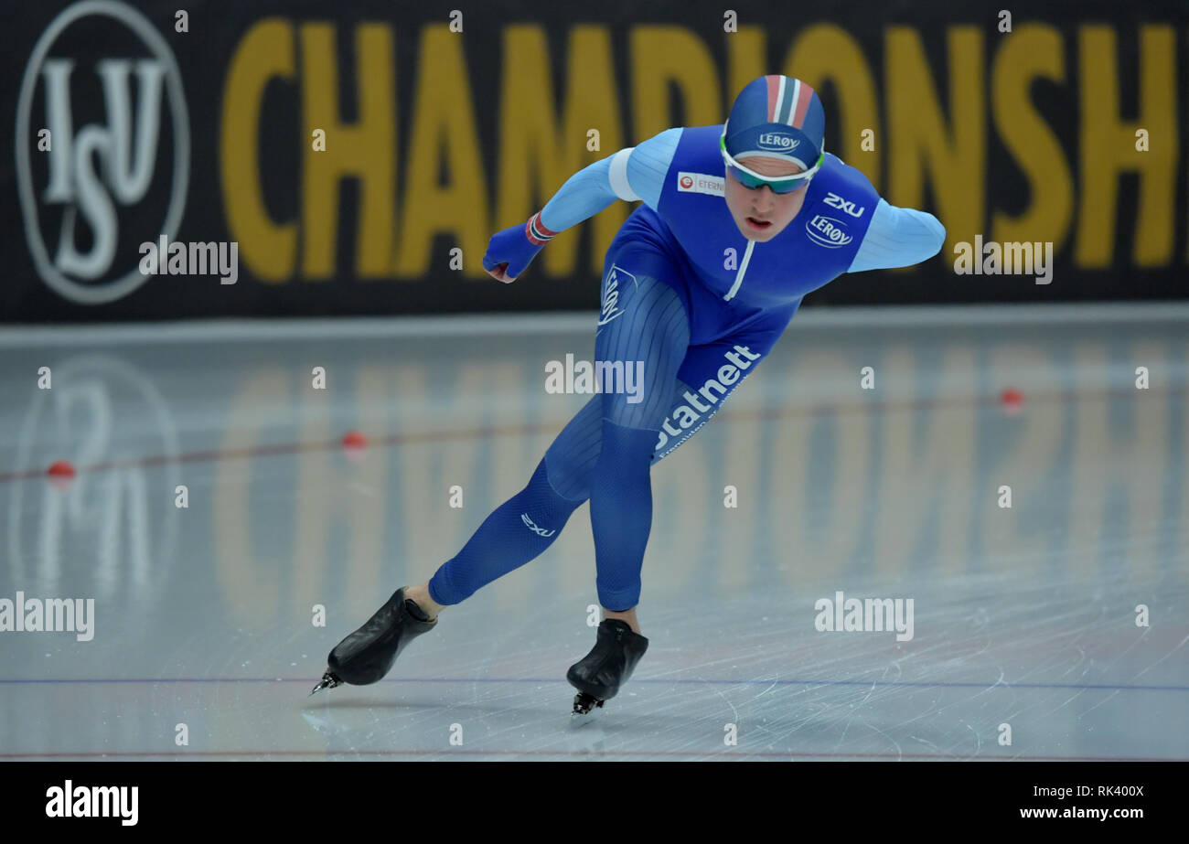 Inzell, Germany. 09th Feb, 2019. Speed skating WM, 10000 m, men, Ole Björnsmoen Naess from Norway in action. Credit: Peter Kneffel/dpa/Alamy Live News Stock Photo