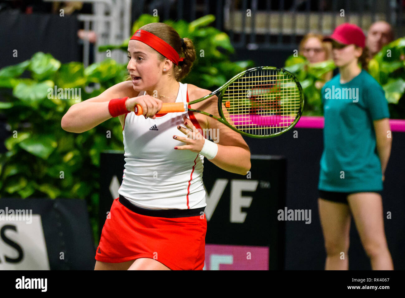 Riga, Latvia. 09th Feb, 2019. Alona Ostapenko (Jelena Ostapenko), during  FEDCUP BNP Paribas, The World Cup of Tennis World Group II First Round game  between team Latvia and team Slovakia at Arena