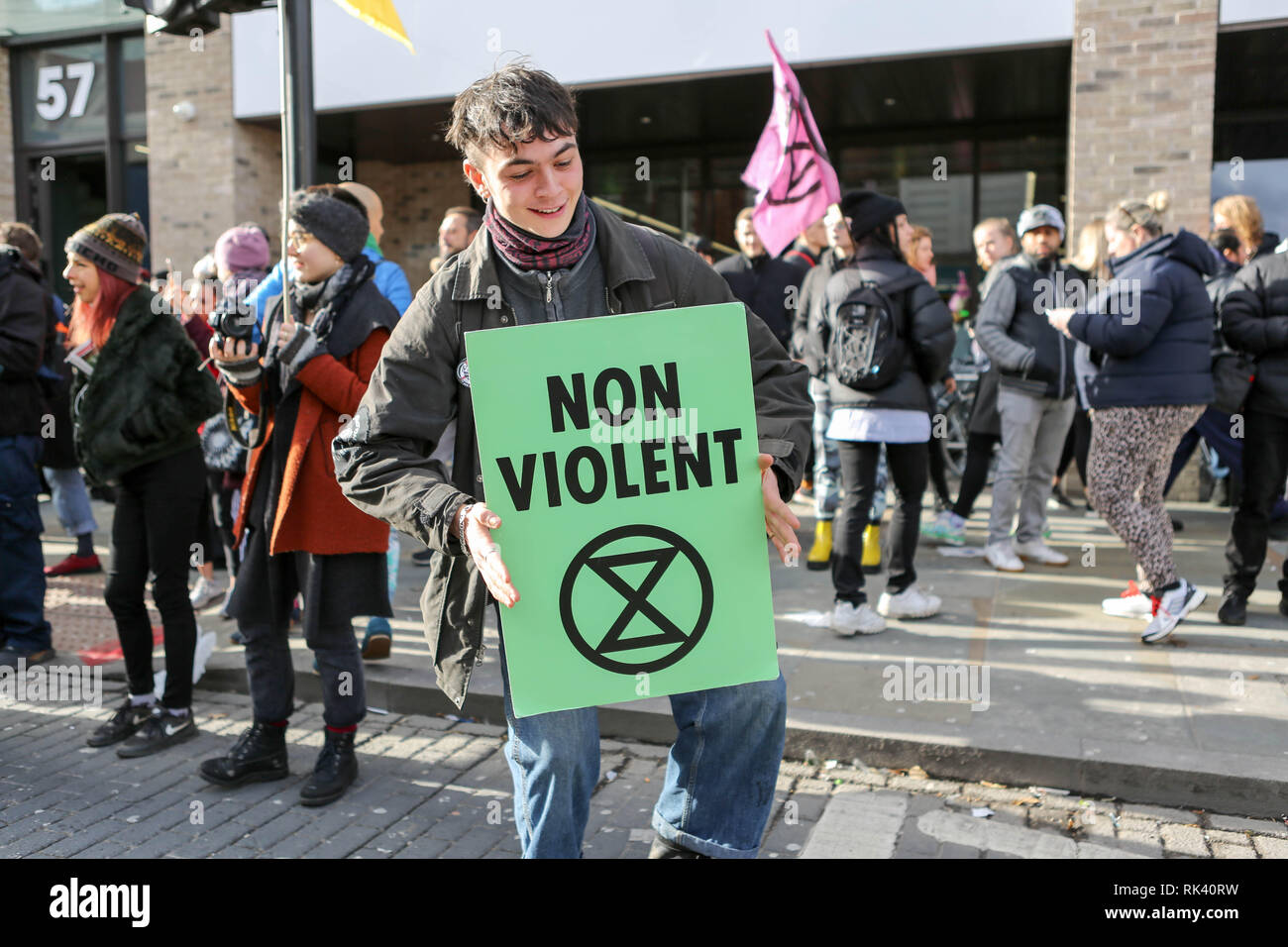 London, UK.. 9th Feb, 2019. Environmental protesters meet outside Dalston Kingsland railway station for a variety of street performances, engagement with the local community and number of short road blocks. Credit: Penelope Barritt/Alamy Live News Stock Photo