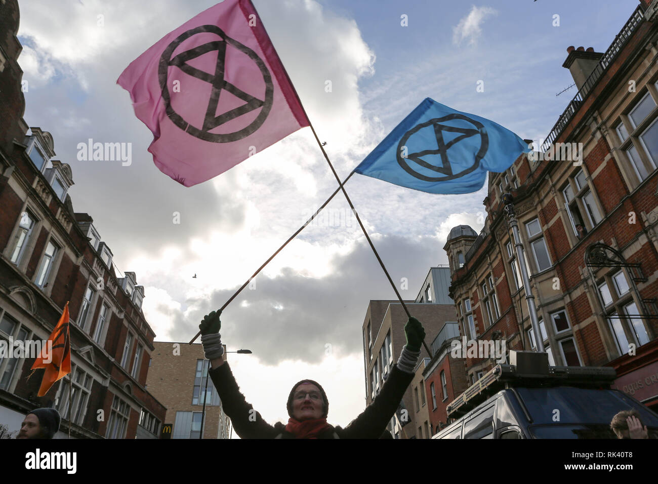London, UK.. 9th Feb, 2019. Environmental protesters meet outside Dalston Kingsland railway station for a variety of street performances, engagement with the local community and number of short road blocks. Credit: Penelope Barritt/Alamy Live News Stock Photo