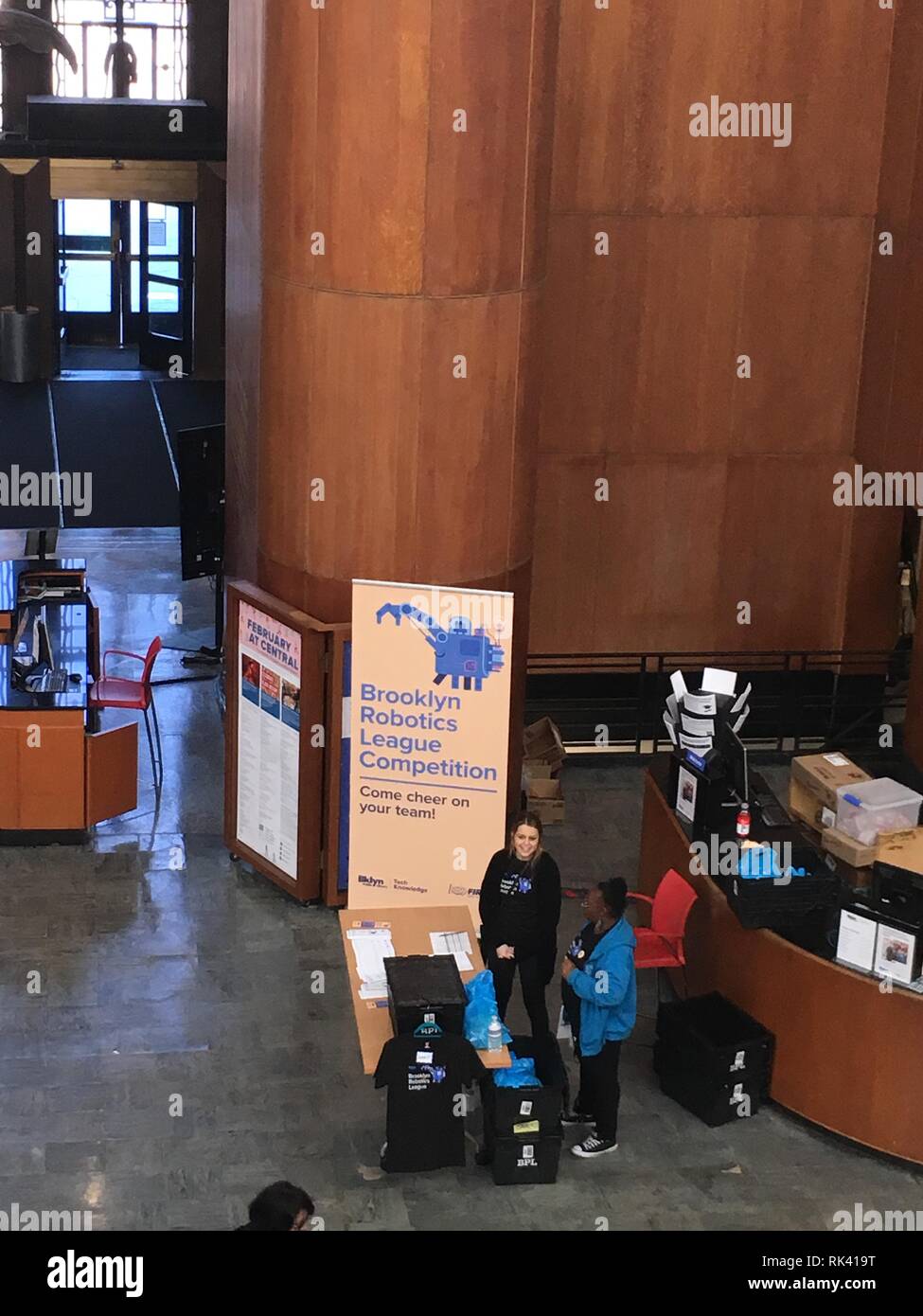 Brooklyn Robotics League competition at the main branch of the Brooklyn Public Library at Grand Army Plaza, Park Slope, Brooklyn. The event included lego robots and teams of students competed with their robots against each other. Stock Photo