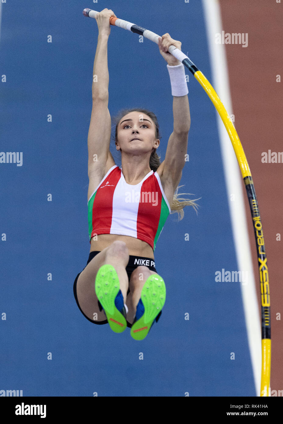 Birmingham, UK. 09th Feb, 2019. Felicia Miloro in Women Pole Vault Finals during SPAR British Athletics Indoor Championships 2019 at Arena Birmingham on Saturday, 09 February 2019. BIRMINGHAM ENGLAND. (Editorial use only, license required for commercial use. No use in betting, games or a single club/league/player publications.) Credit: Taka G Wu/Alamy News Credit: Taka Wu/Alamy Live News Stock Photo